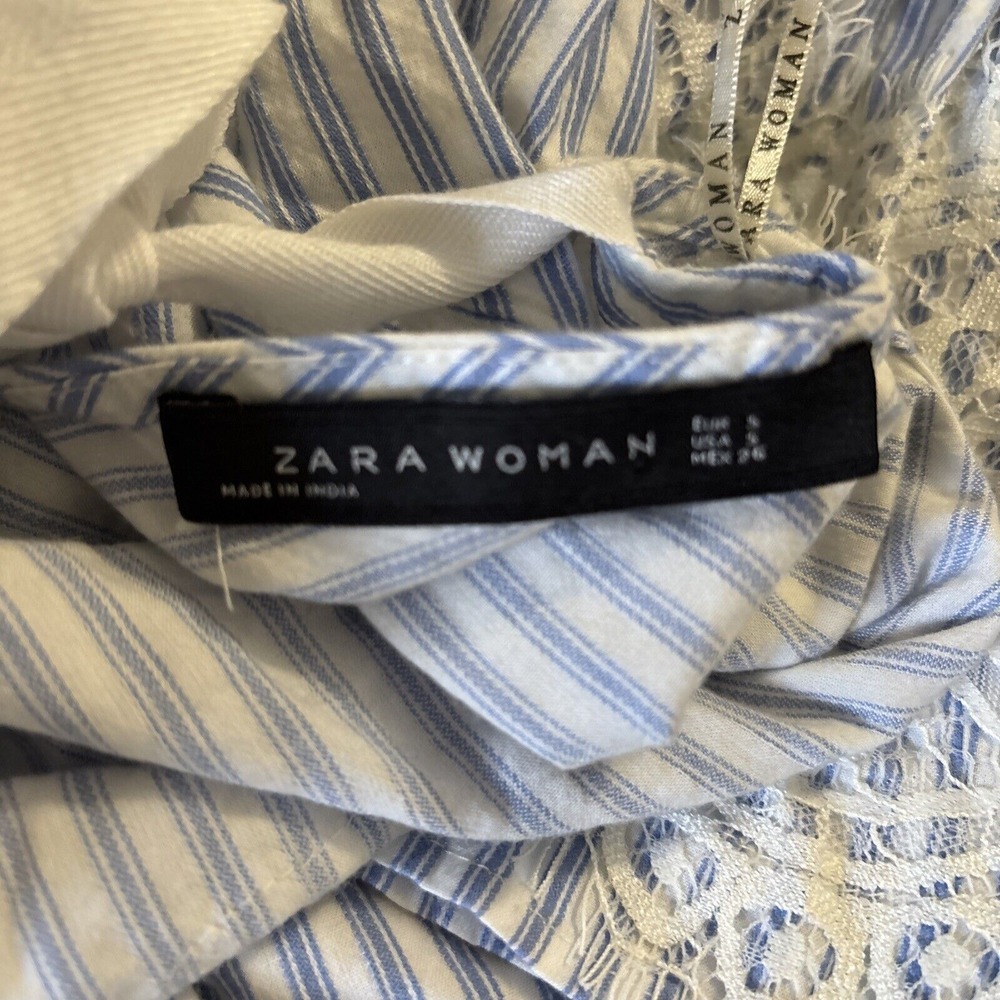 Zara Woman Blue White Lace Trim Flared 3/4 Bell Sleeve Top Size Small Romantic - Picture 2 of 7